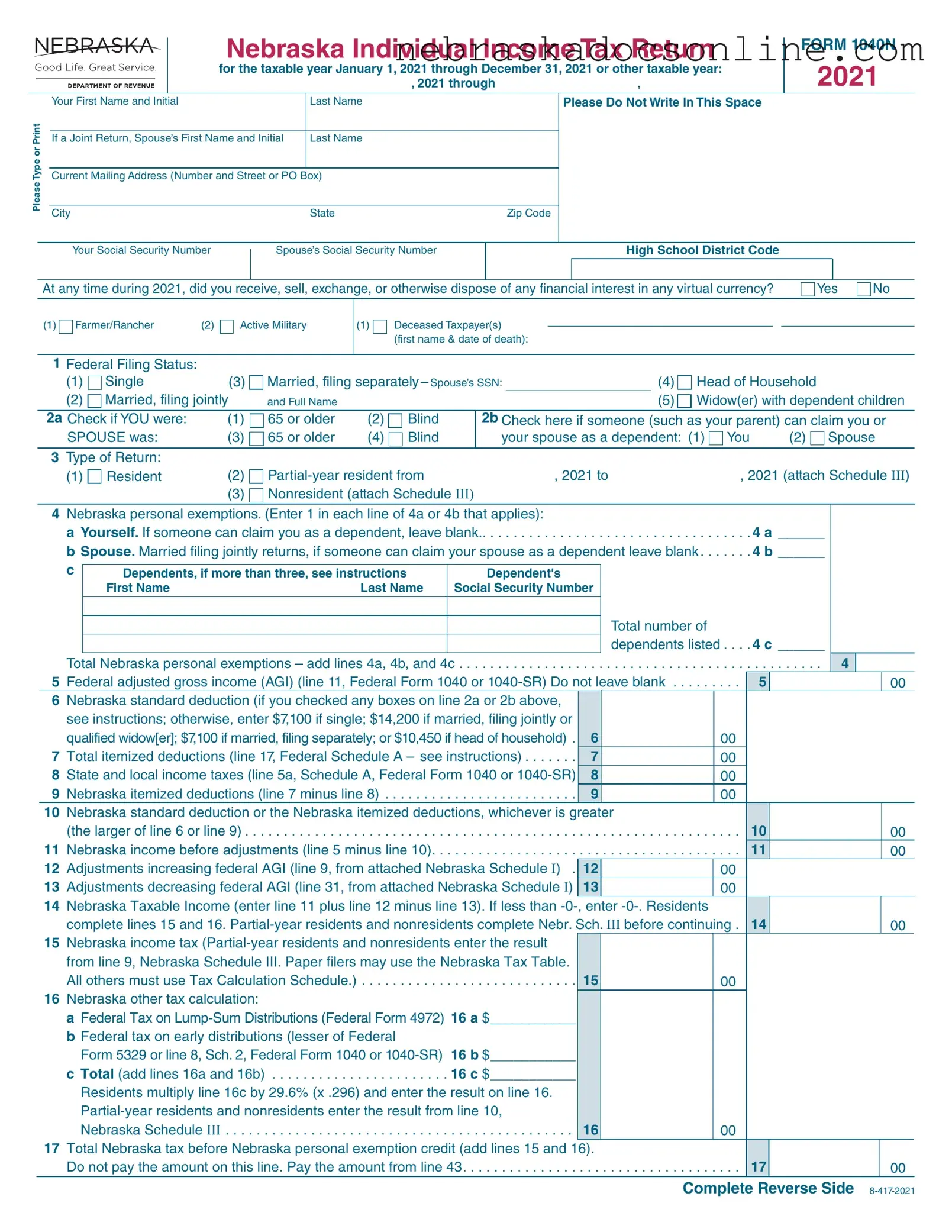 Fill in a Valid Nebraska 1040N Form