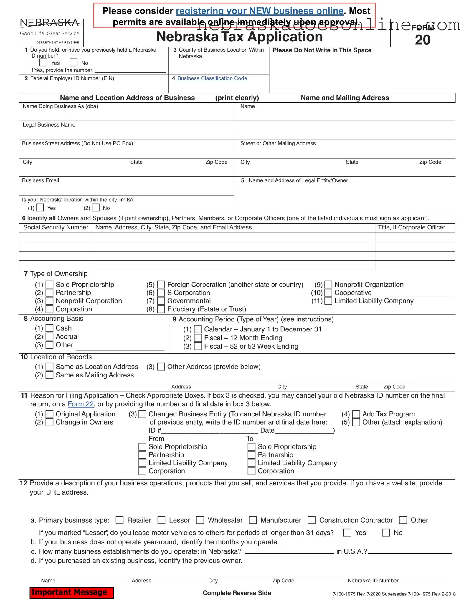 Fill in a Valid Nebraska 20 Form