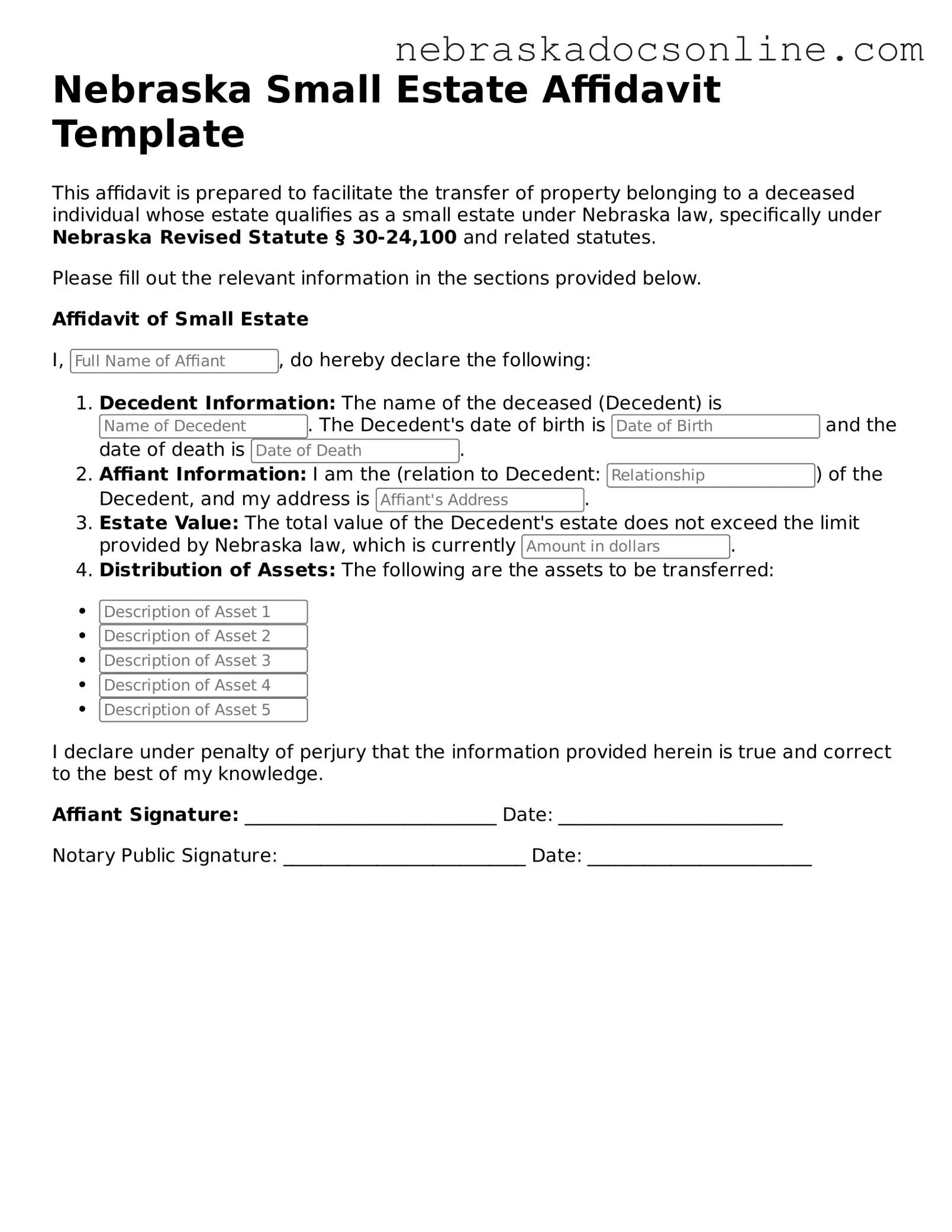 Fillable Small Estate Affidavit Template for Nebraska State