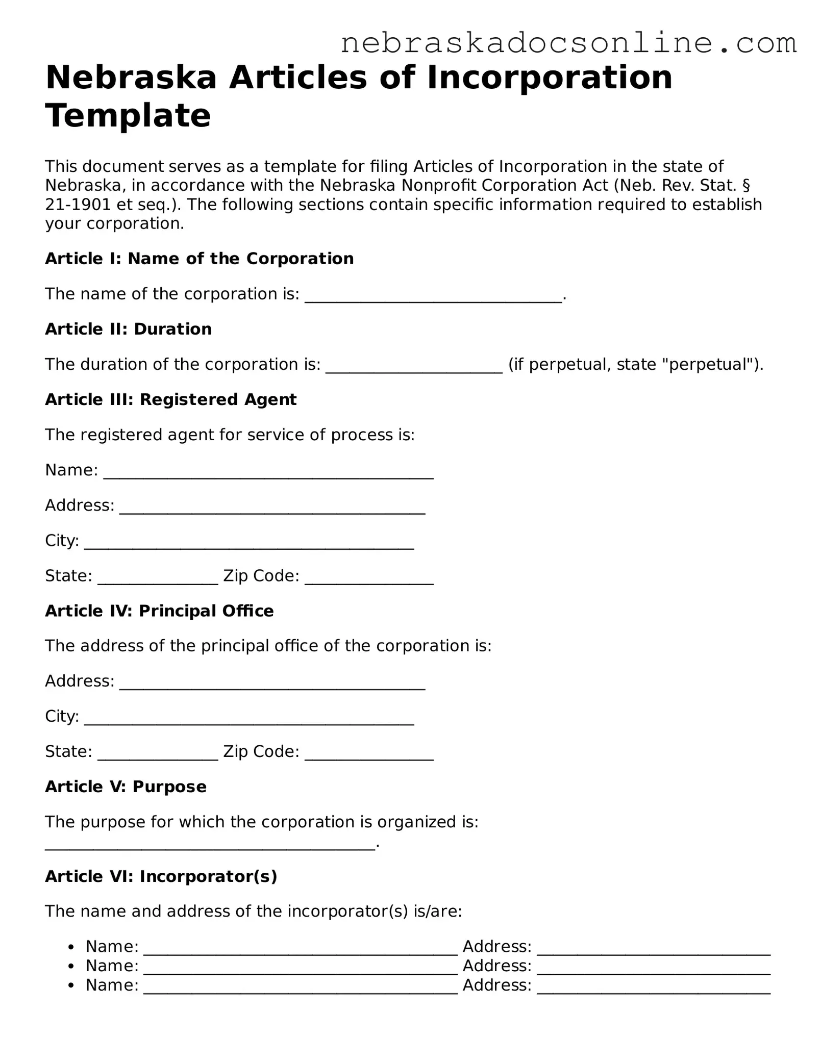 Fillable Articles of Incorporation Template for Nebraska State