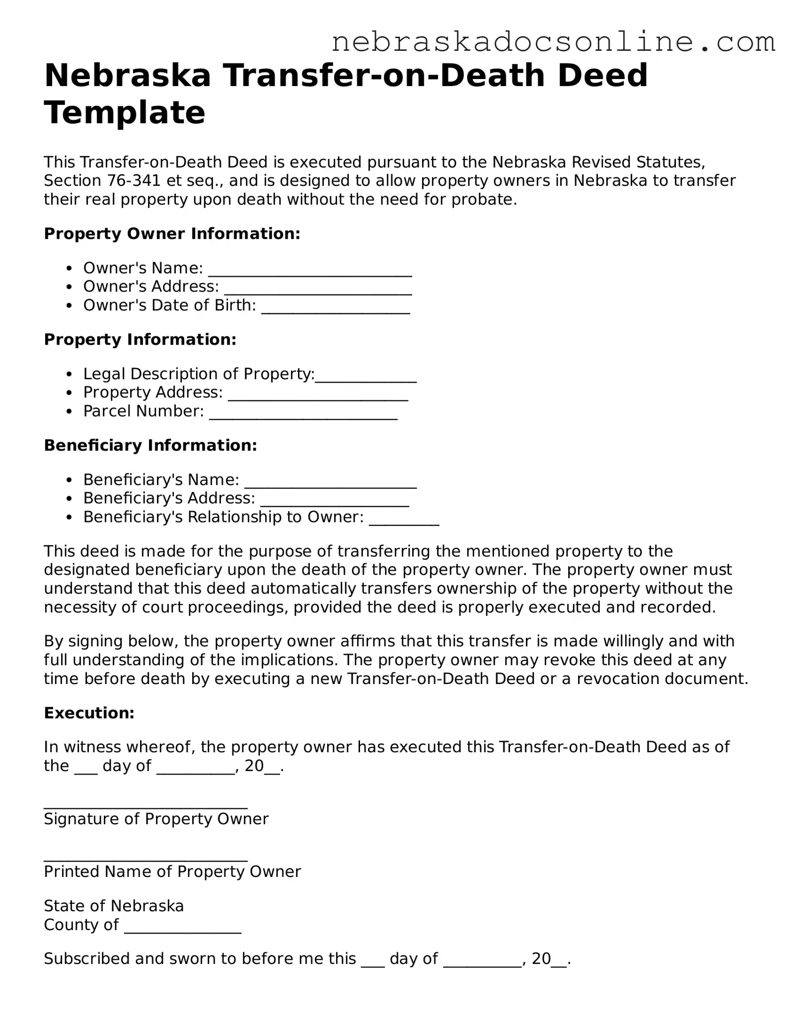 Fillable Transfer-on-Death Deed Template for Nebraska State