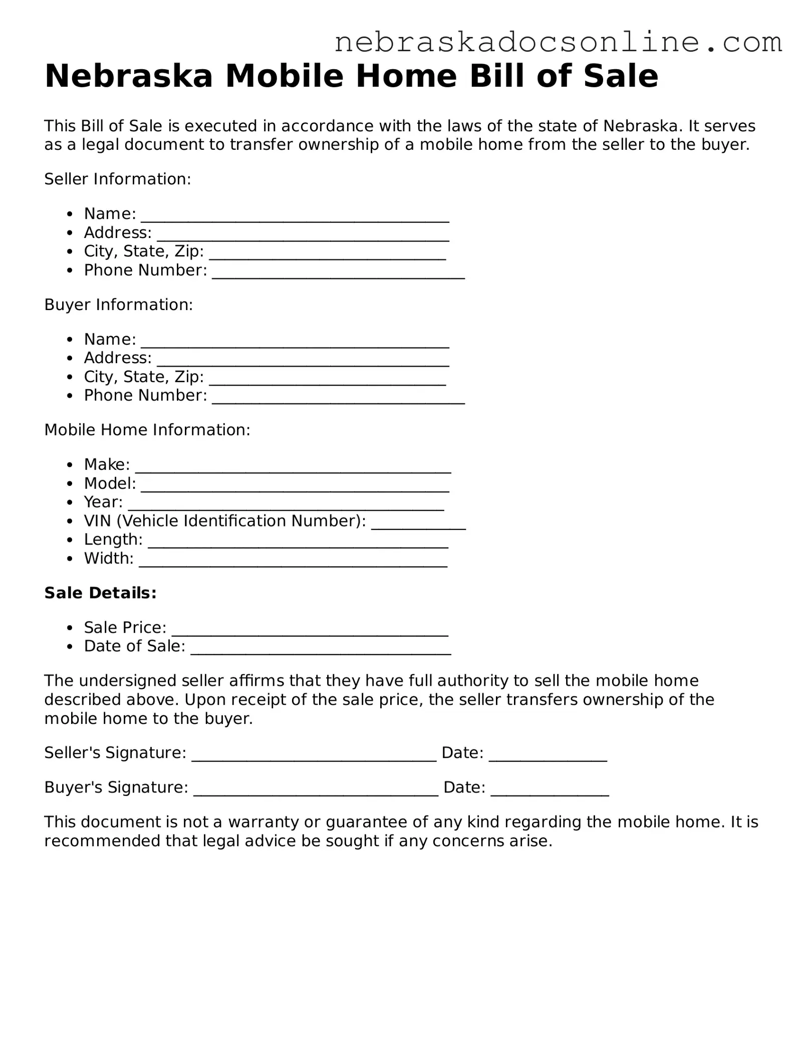 Fillable Mobile Home Bill of Sale Template for Nebraska State