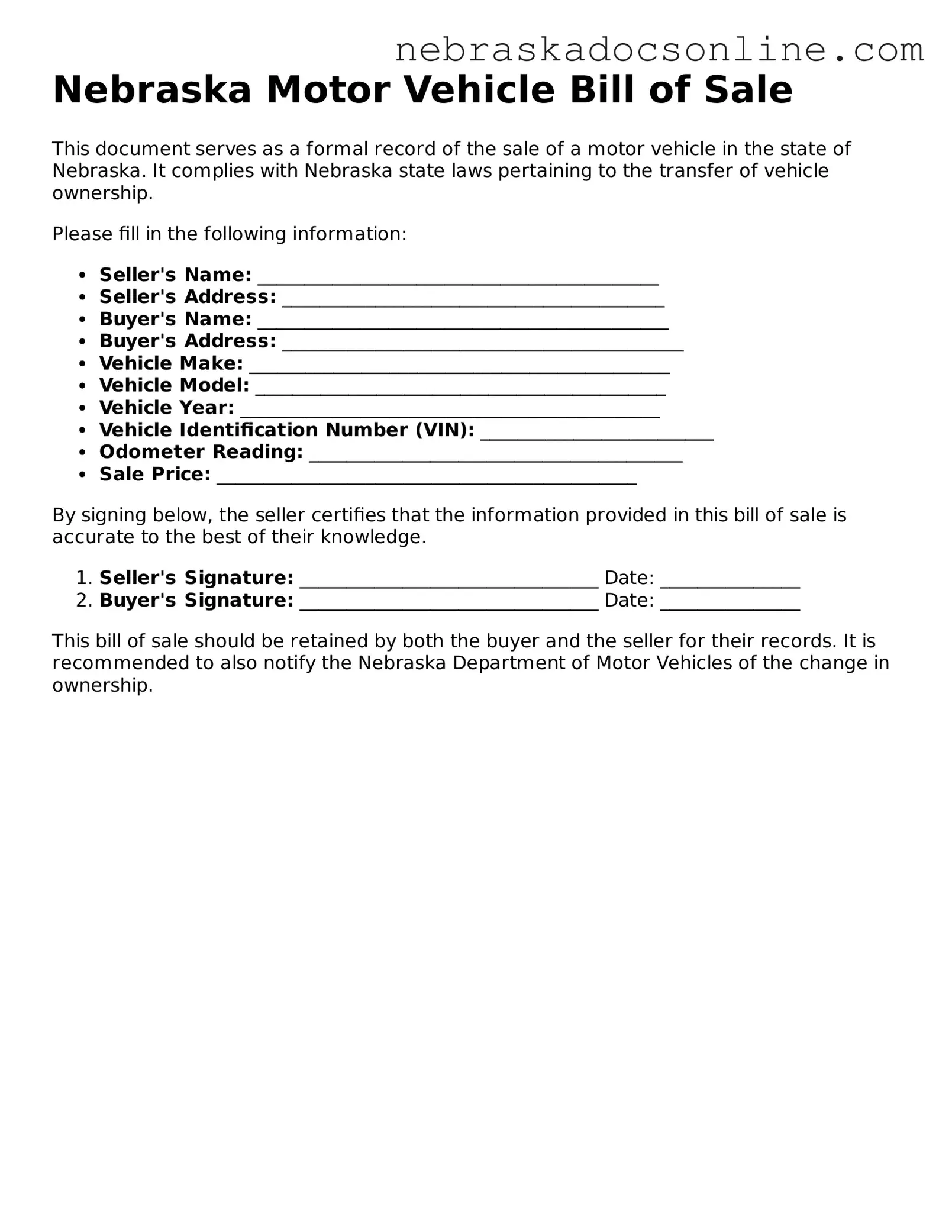 Fillable Motor Vehicle Bill of Sale Template for Nebraska State