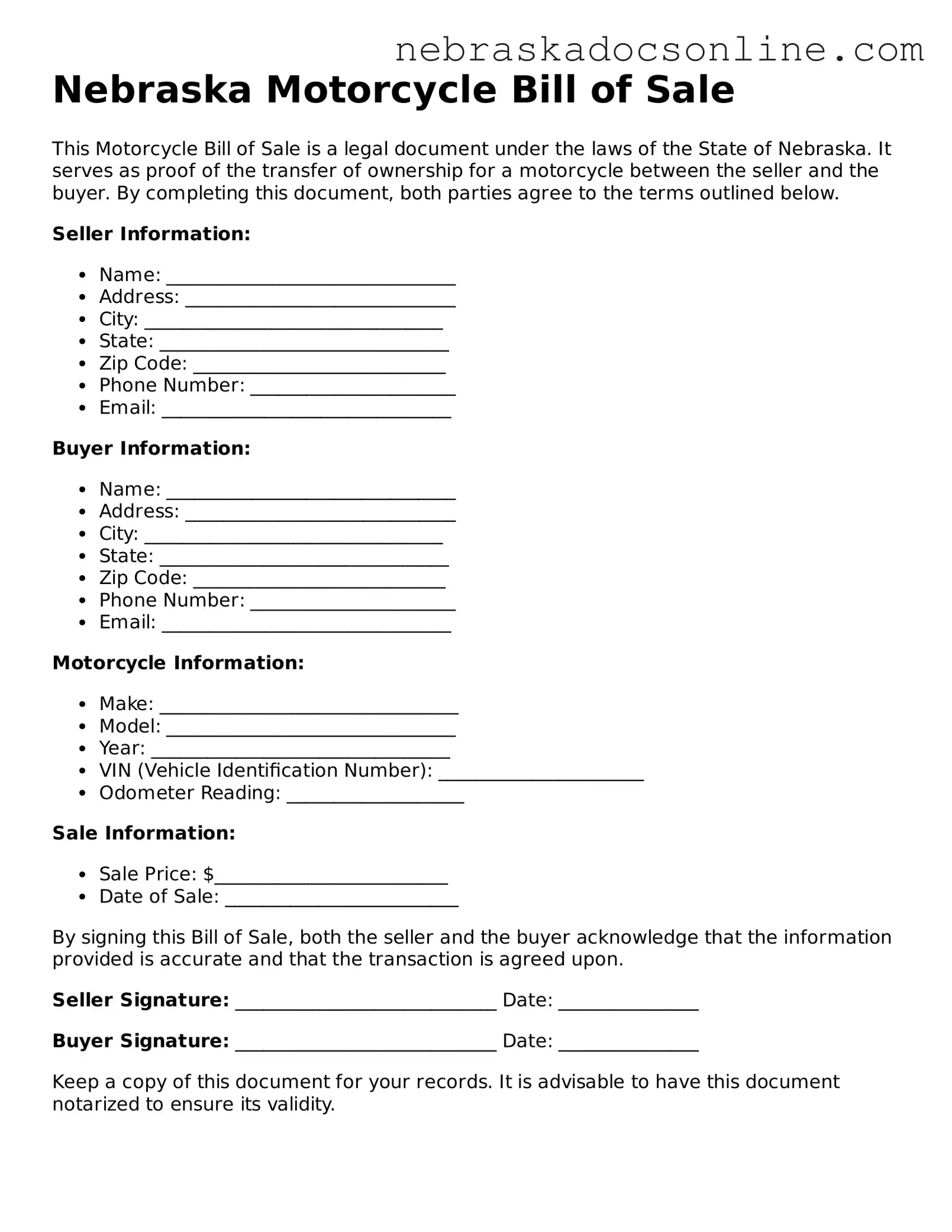 Fillable Motorcycle Bill of Sale Template for Nebraska State