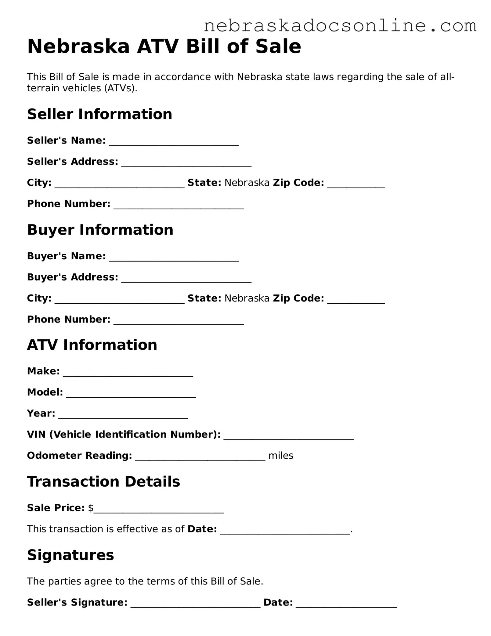 Fillable ATV Bill of Sale Template for Nebraska State