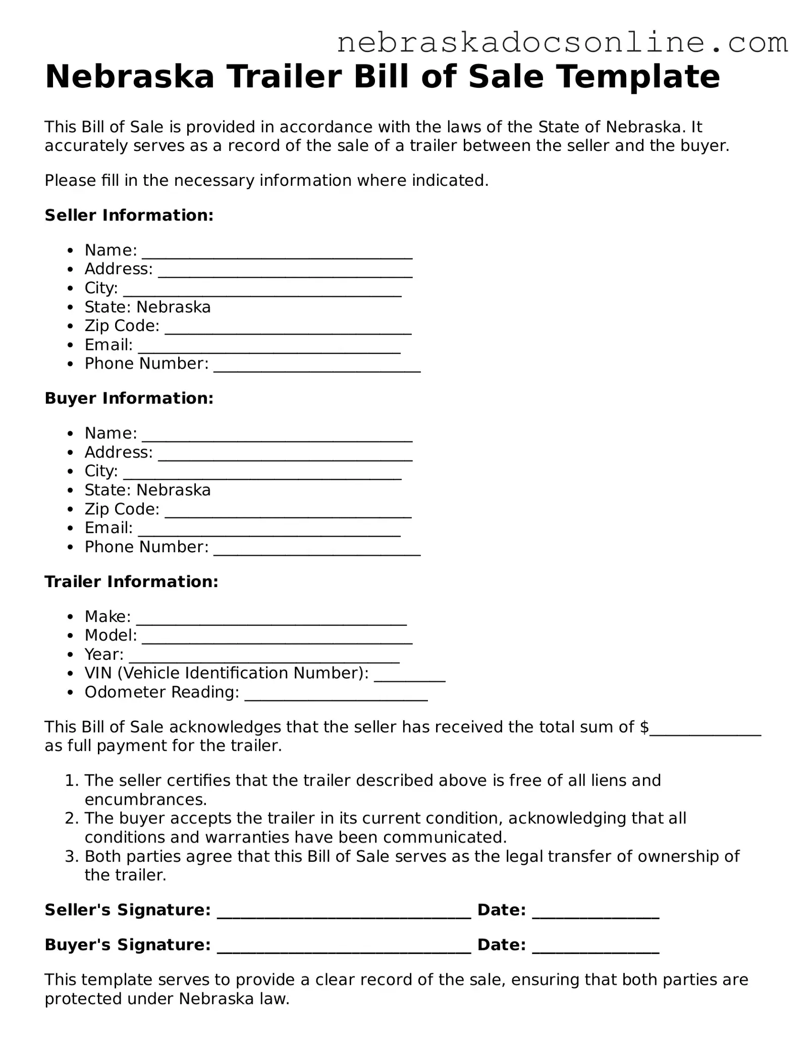 Fillable Trailer Bill of Sale Template for Nebraska State