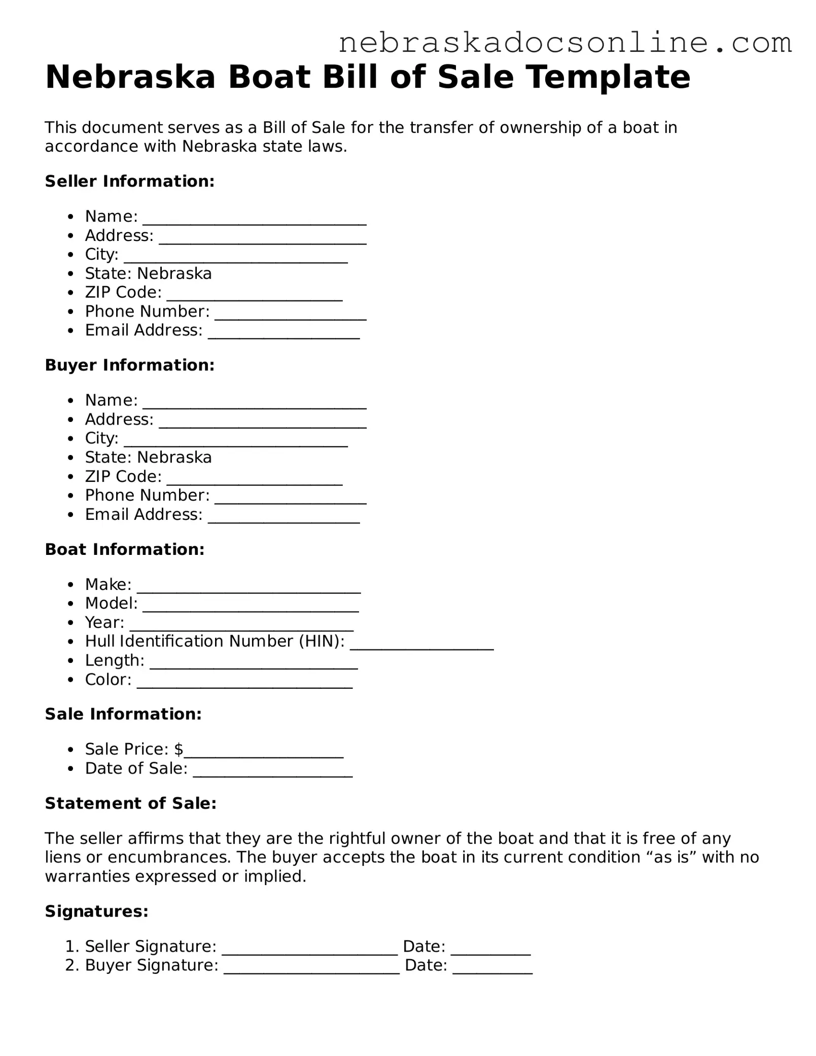 Fillable Boat Bill of Sale Template for Nebraska State