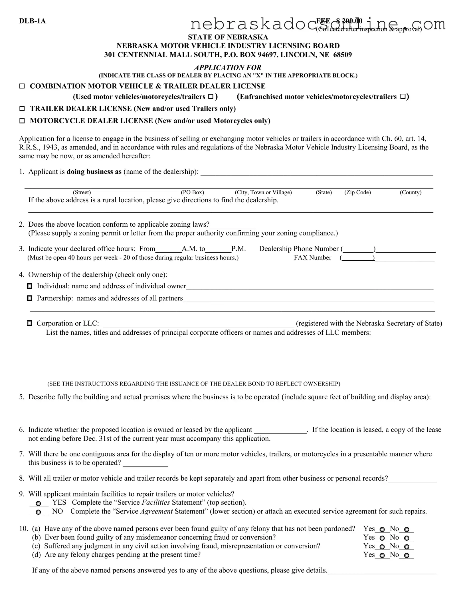 Fill in a Valid Nebraska Dlb 1A Form
