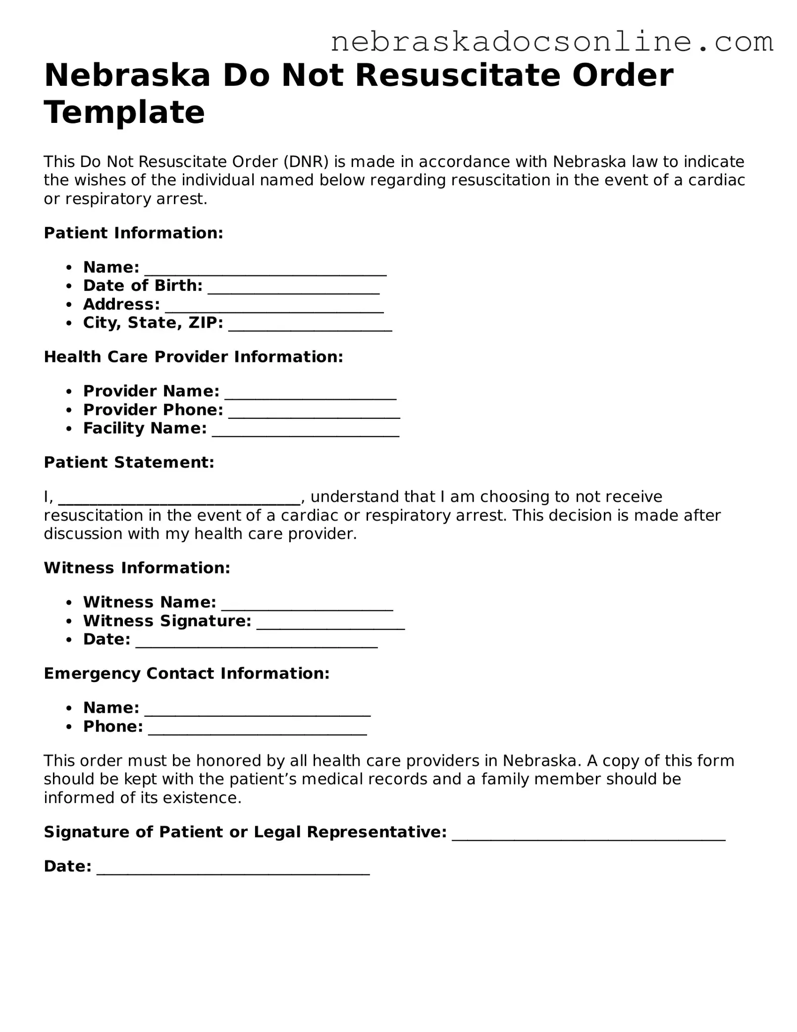Fillable Do Not Resuscitate Order Template for Nebraska State