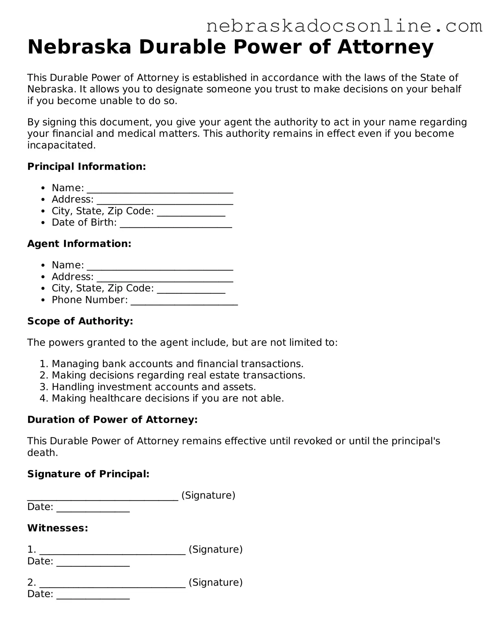 Fillable Durable Power of Attorney Template for Nebraska State