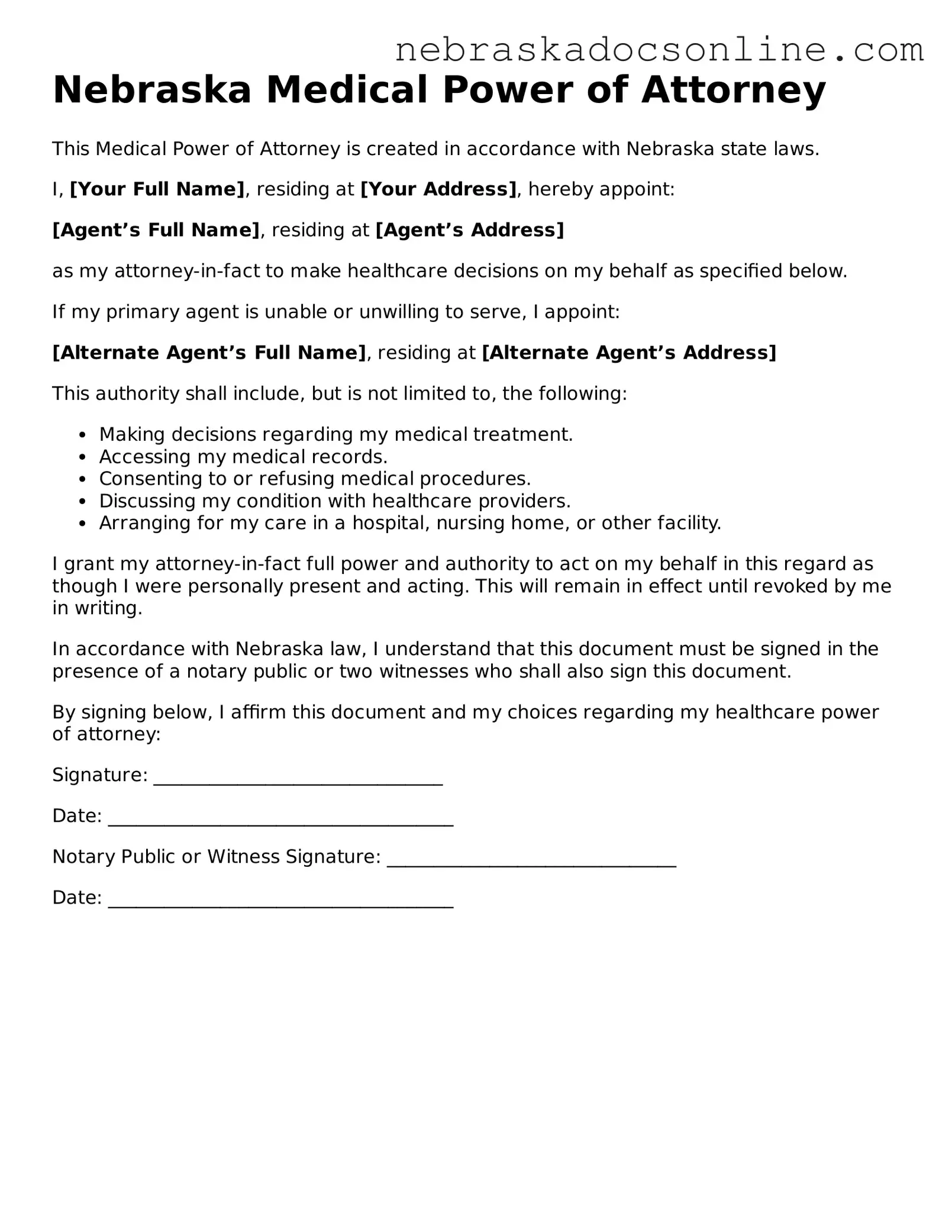 Fillable Medical Power of Attorney Template for Nebraska State