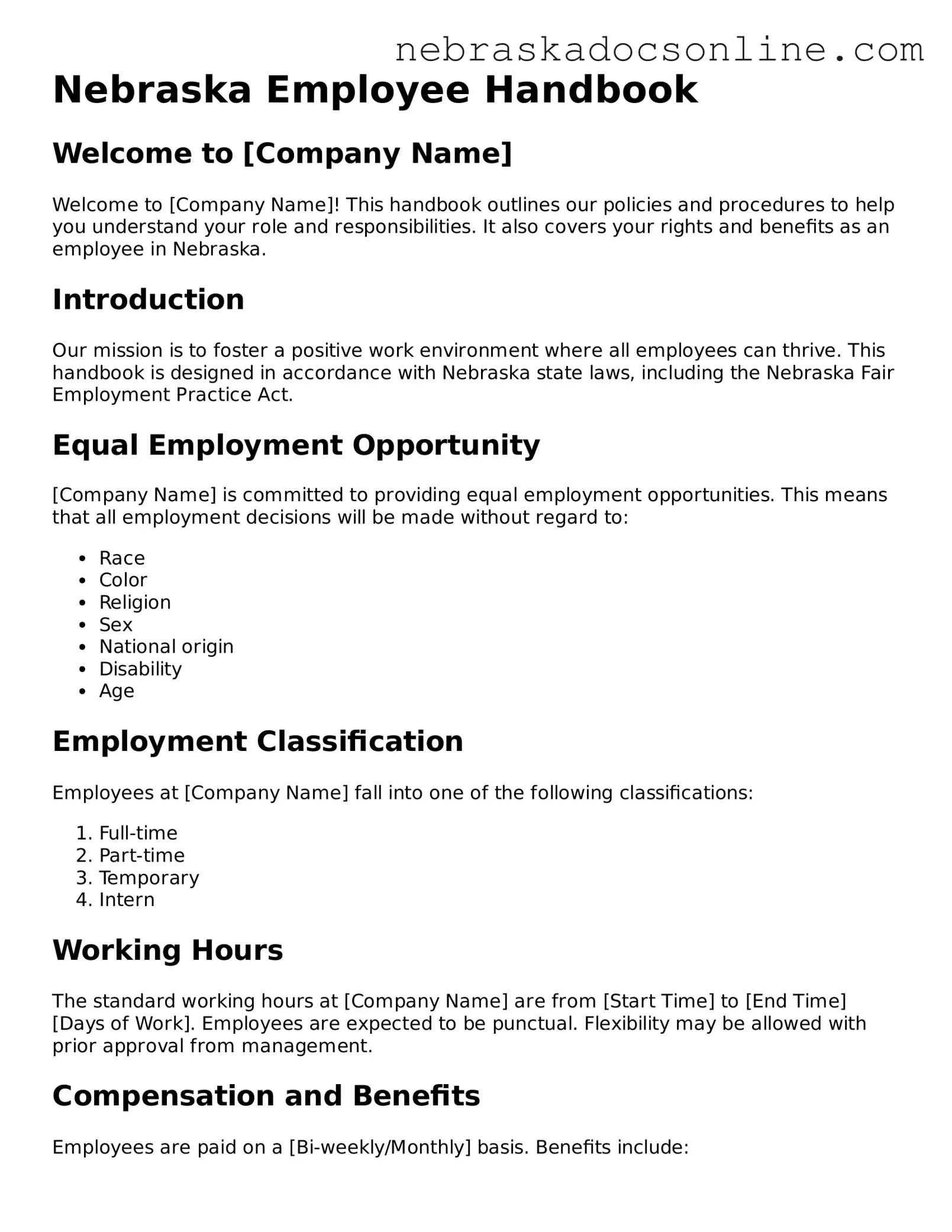 Fillable Employee Handbook Template for Nebraska State