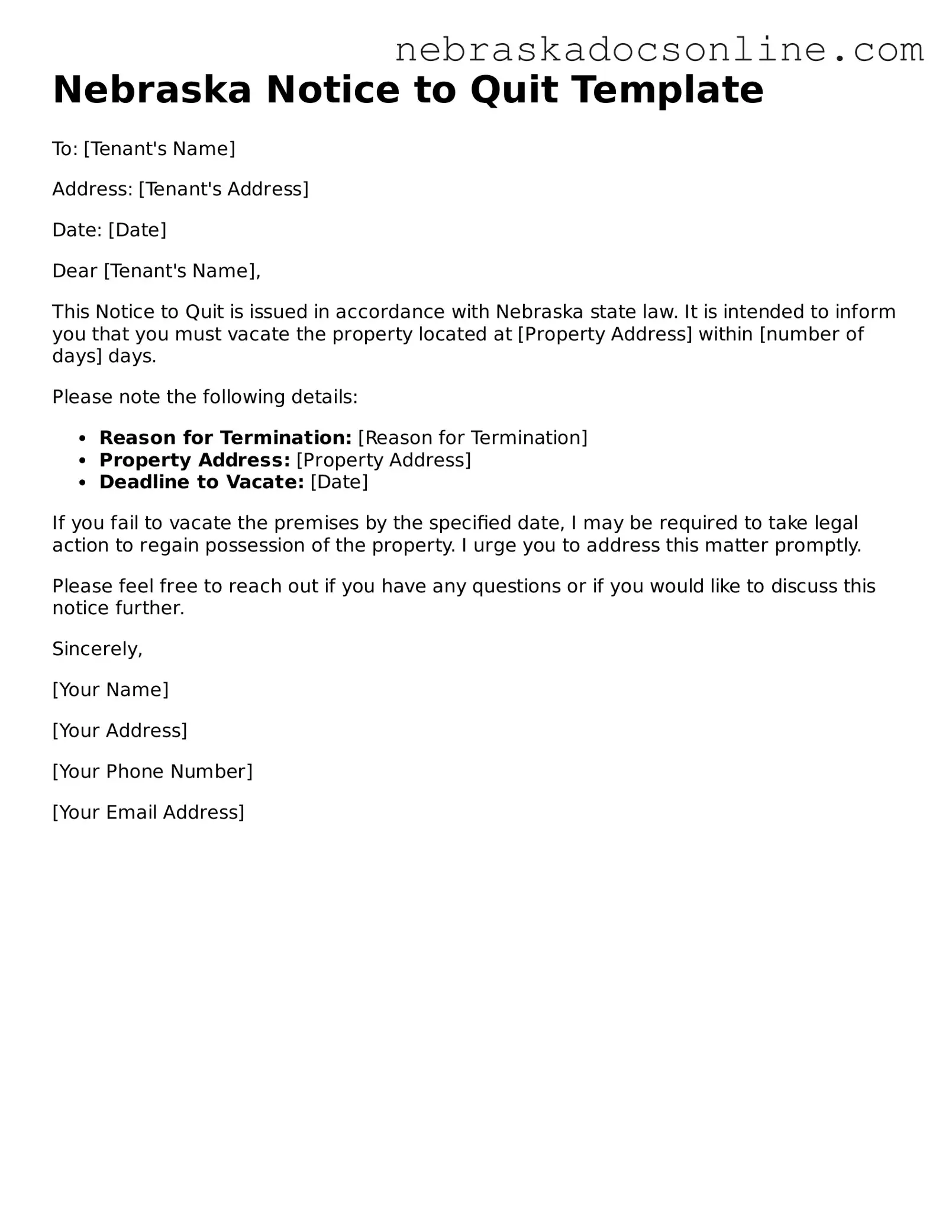 Fillable Notice to Quit Template for Nebraska State