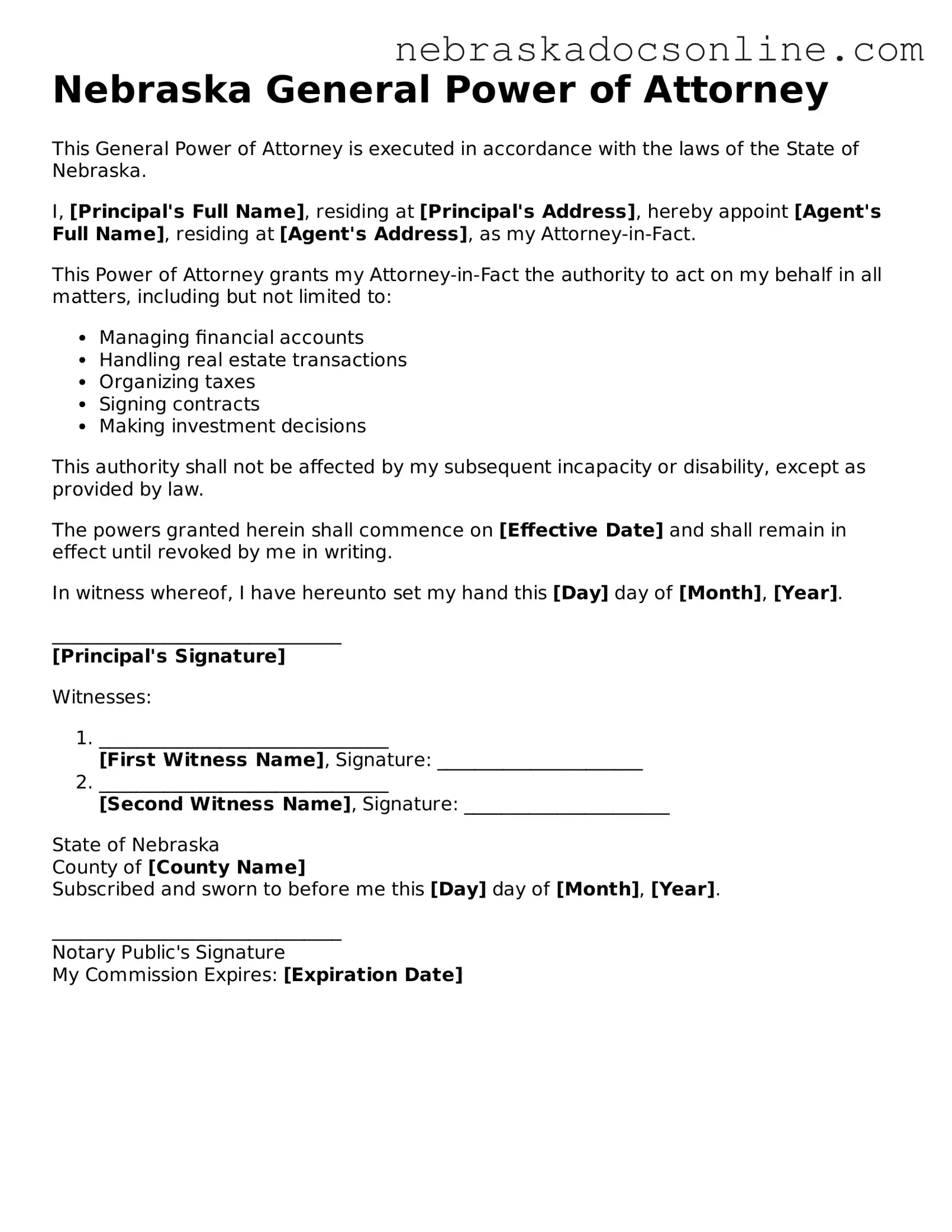 Fillable General Power of Attorney Template for Nebraska State