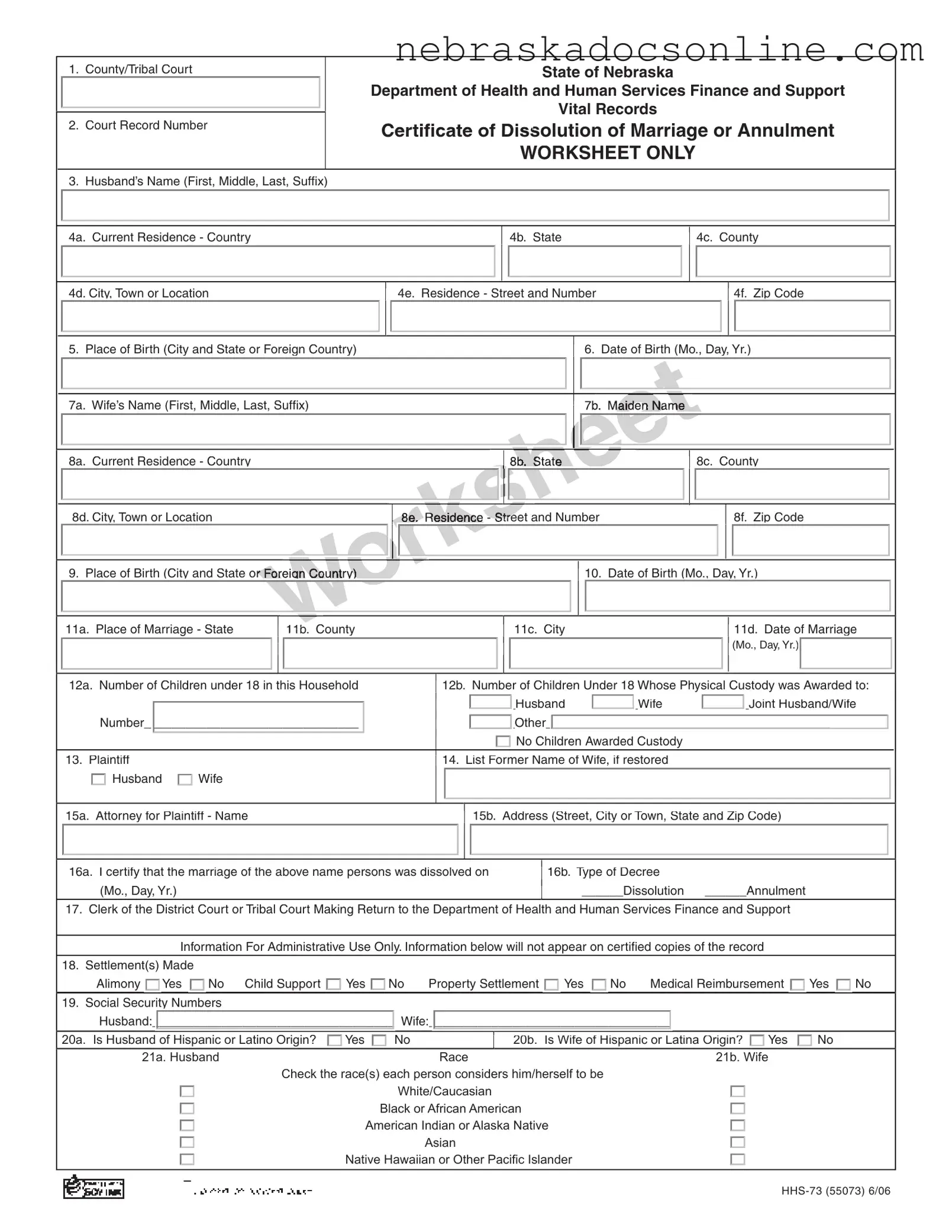Fill in a Valid Nebraska Hhs 73 Form