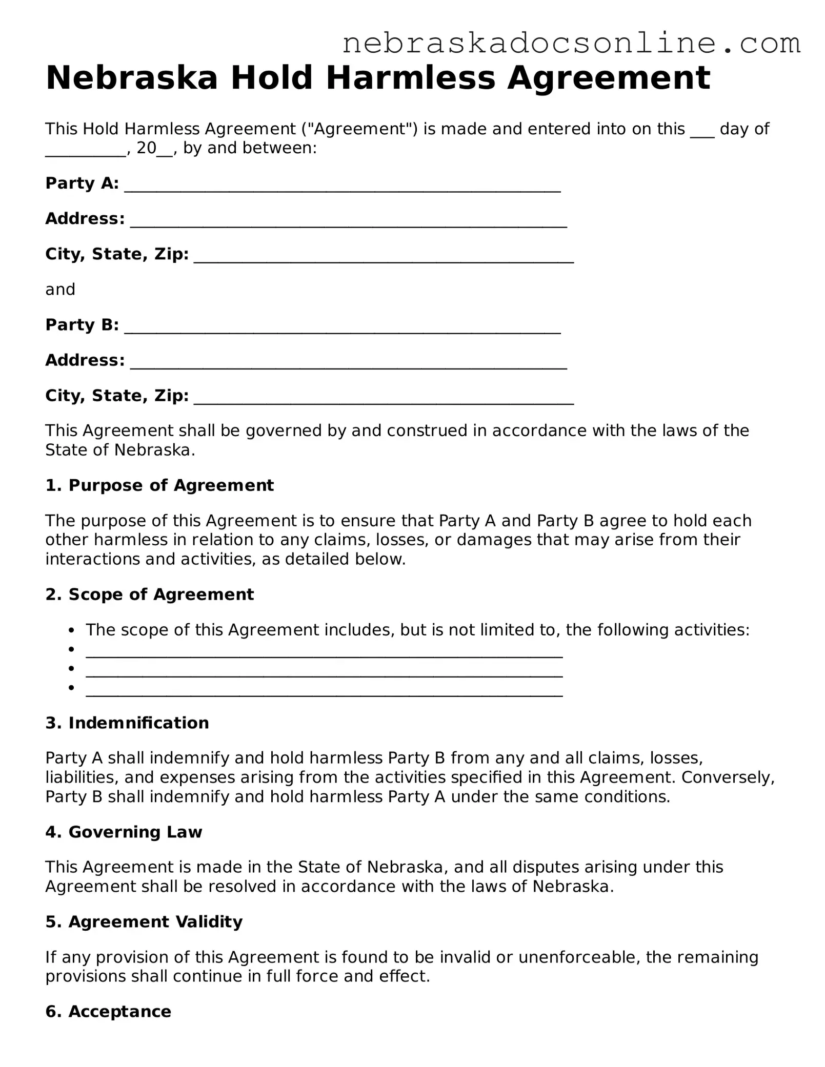 Fillable Hold Harmless Agreement Template for Nebraska State