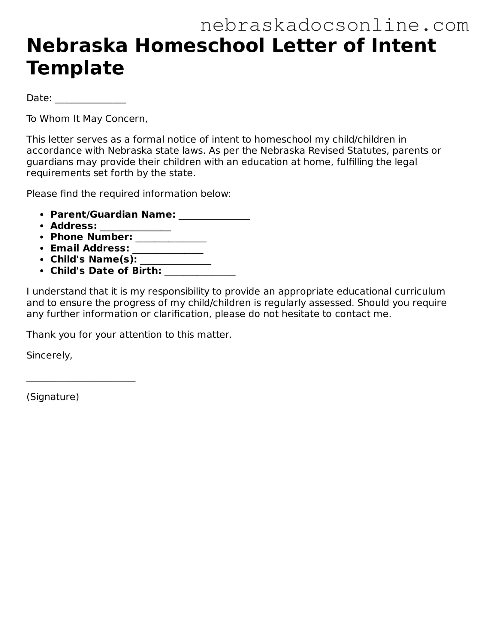 Fillable Homeschool Letter of Intent Template for Nebraska State