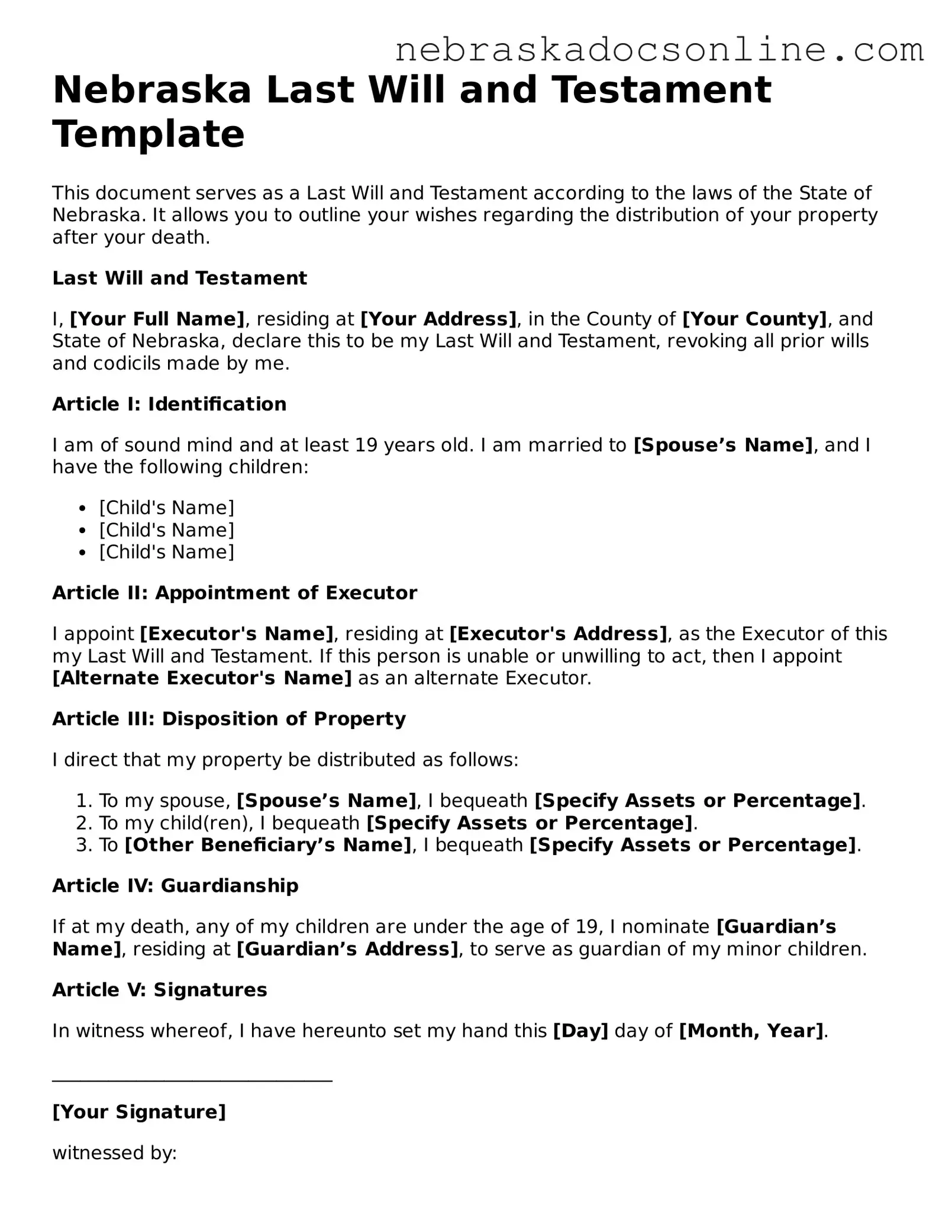 Fillable Last Will and Testament Template for Nebraska State