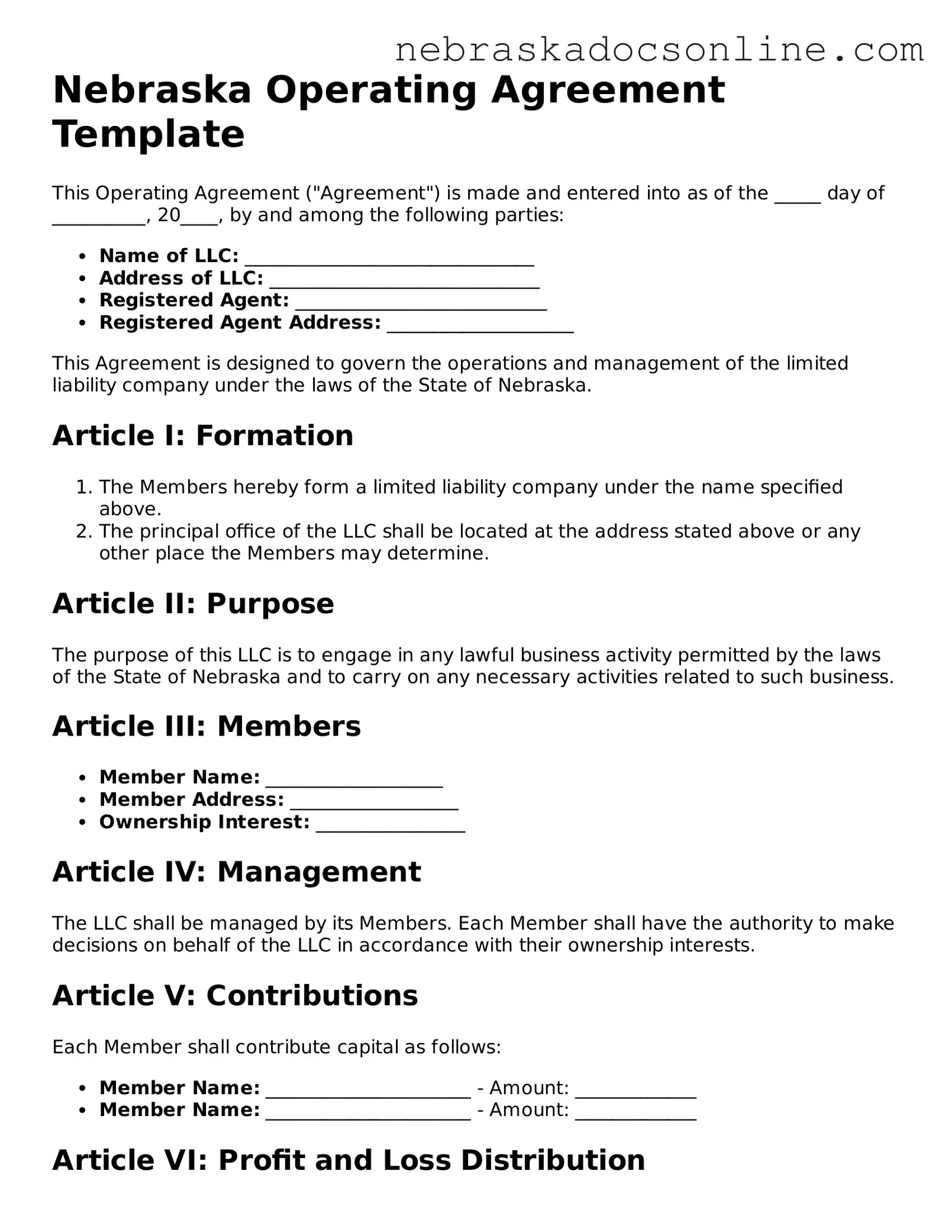 Fillable Operating Agreement Template for Nebraska State