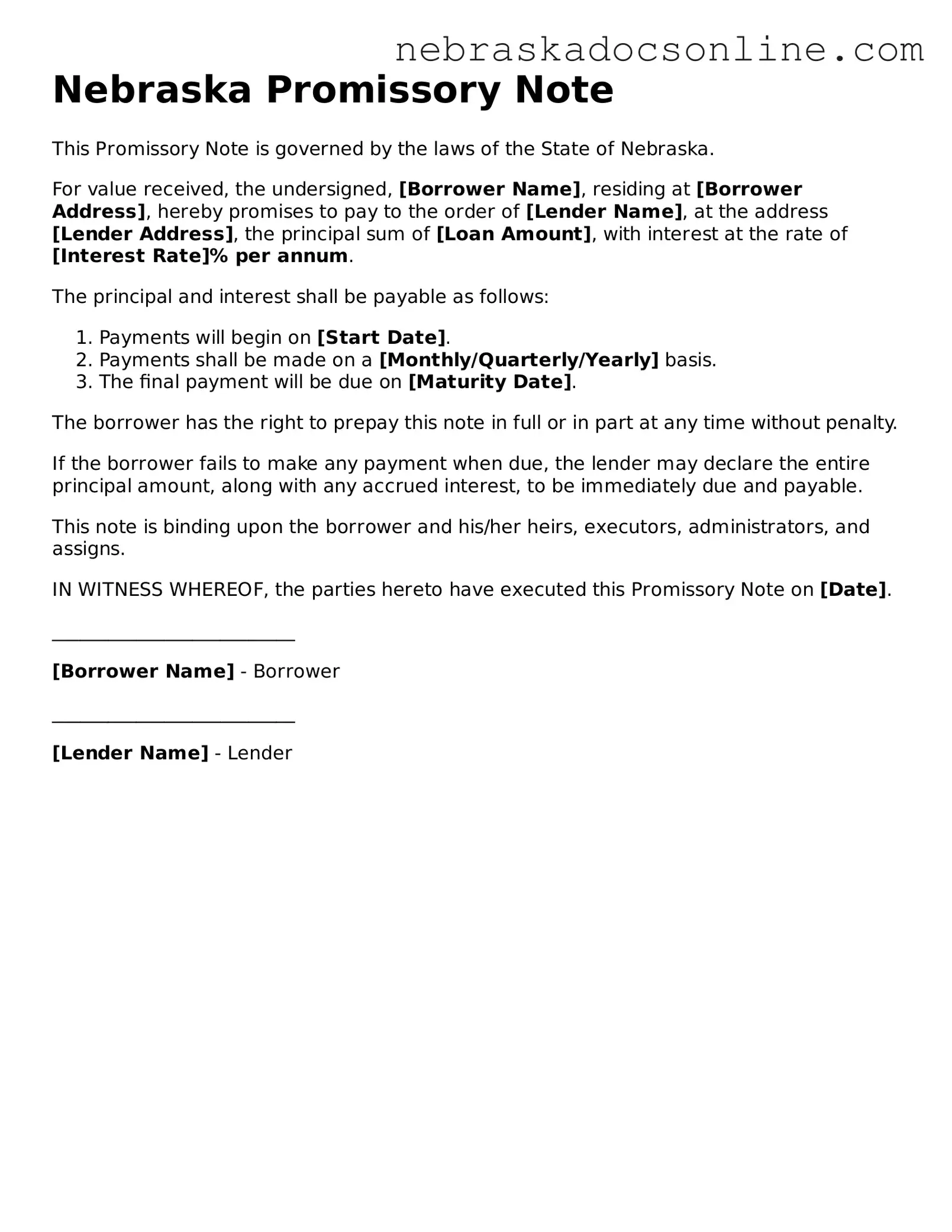 Fillable Promissory Note Template for Nebraska State