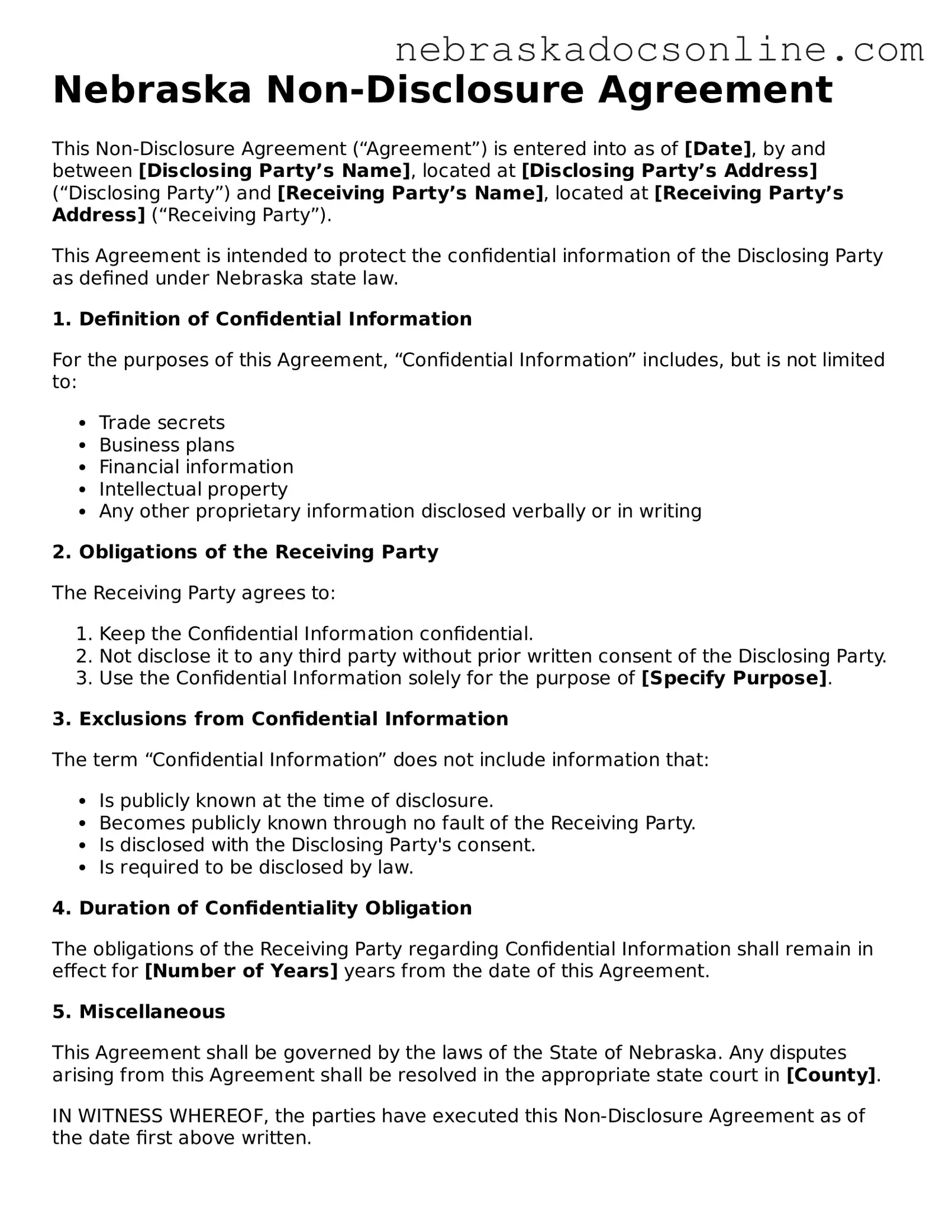 Fillable Non-disclosure Agreement Template for Nebraska State