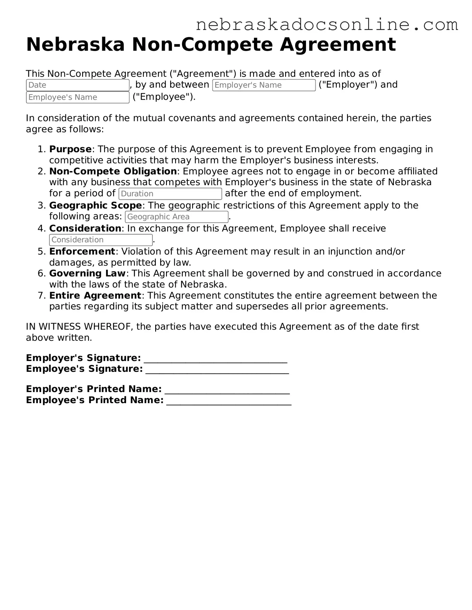 Fillable Non-compete Agreement Template for Nebraska State