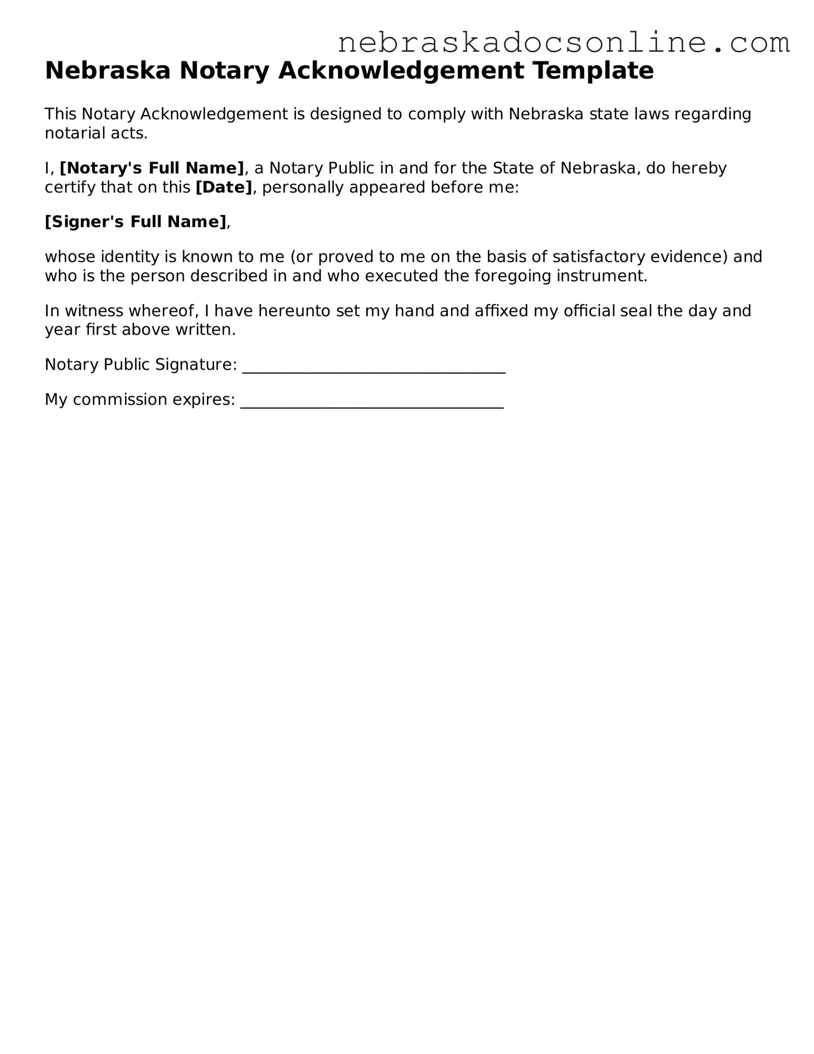 Fillable Notary Acknowledgement Template for Nebraska State