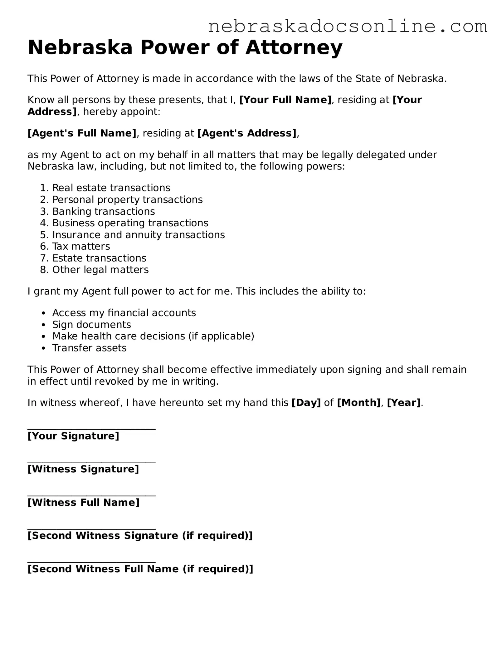 Fillable Power of Attorney Template for Nebraska State