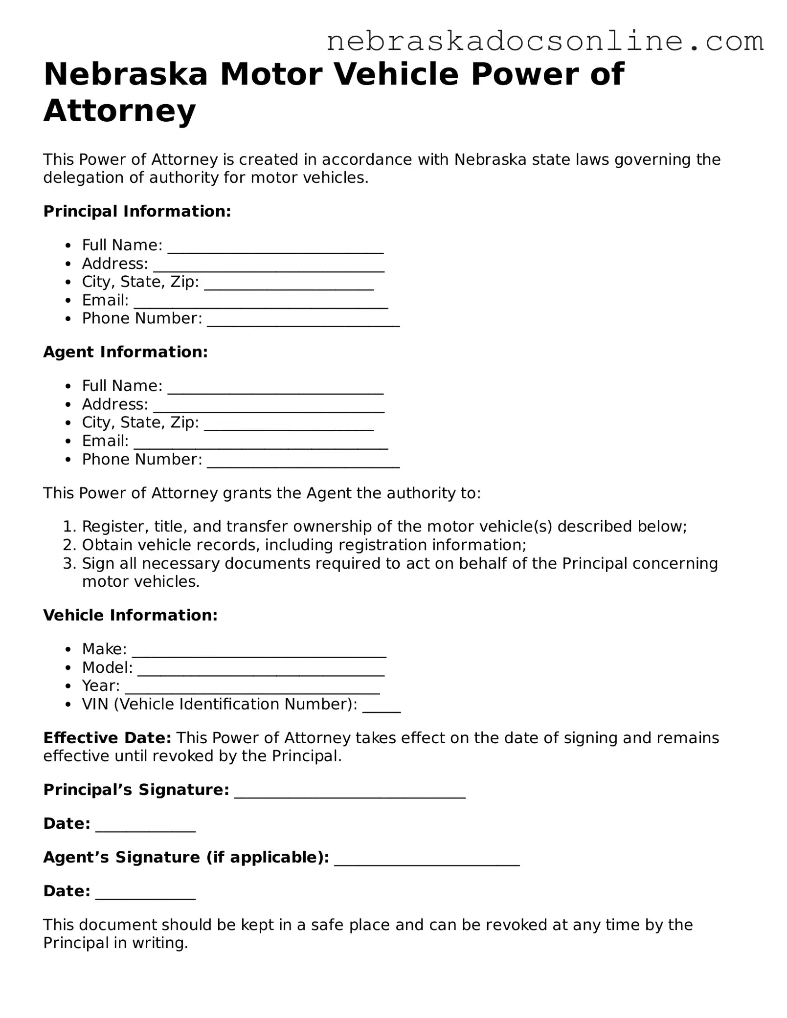Fillable Motor Vehicle Power of Attorney Template for Nebraska State