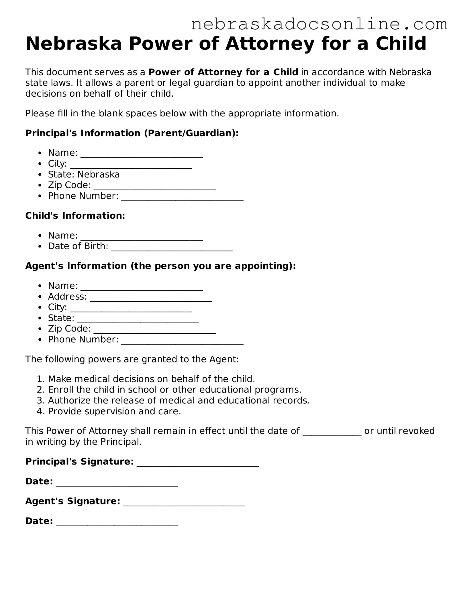 Fillable Power of Attorney for a Child Template for Nebraska State
