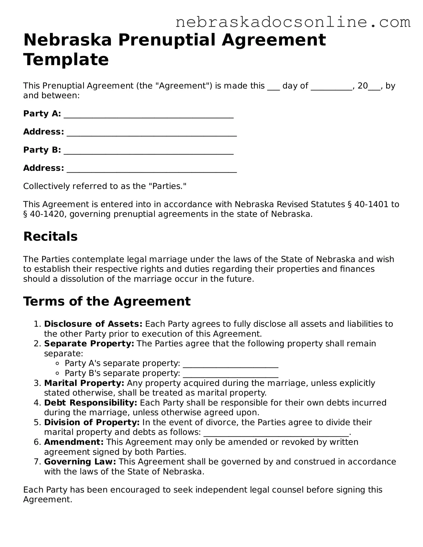 Fillable Prenuptial Agreement Template for Nebraska State