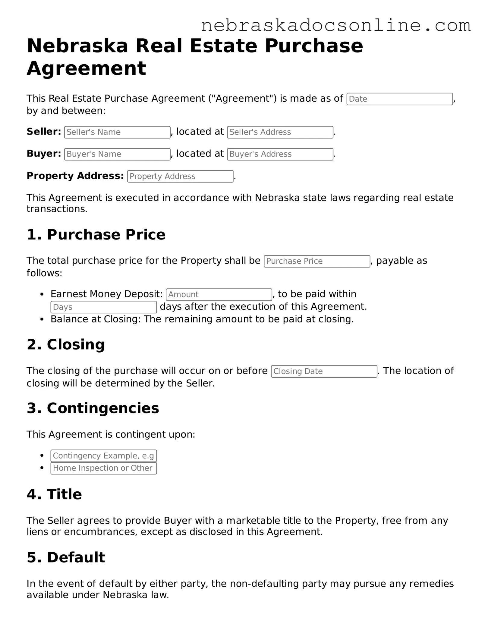 Fillable Real Estate Purchase Agreement Template for Nebraska State