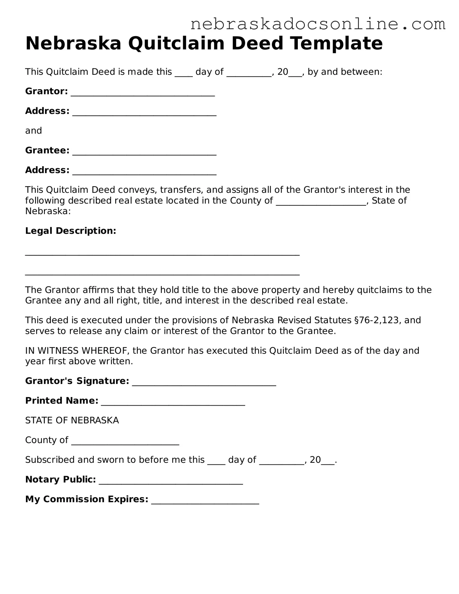 Fillable Quitclaim Deed Template for Nebraska State