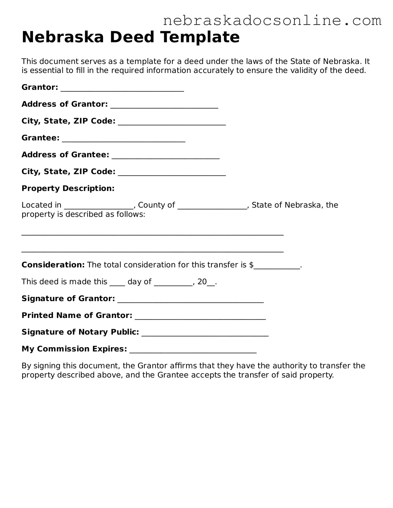 Fillable Deed Template for Nebraska State