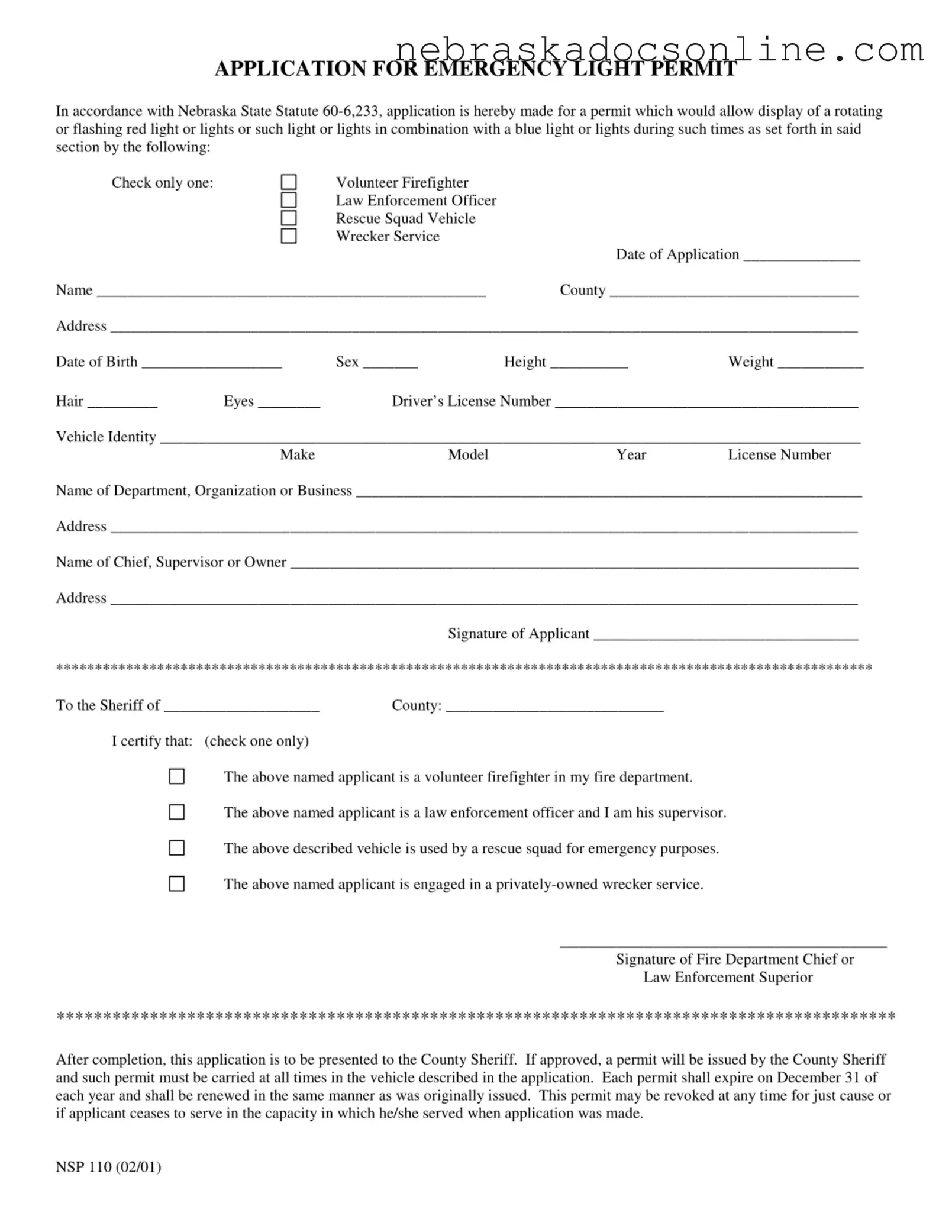Fill in a Valid Nebraska Red Light Permit Form