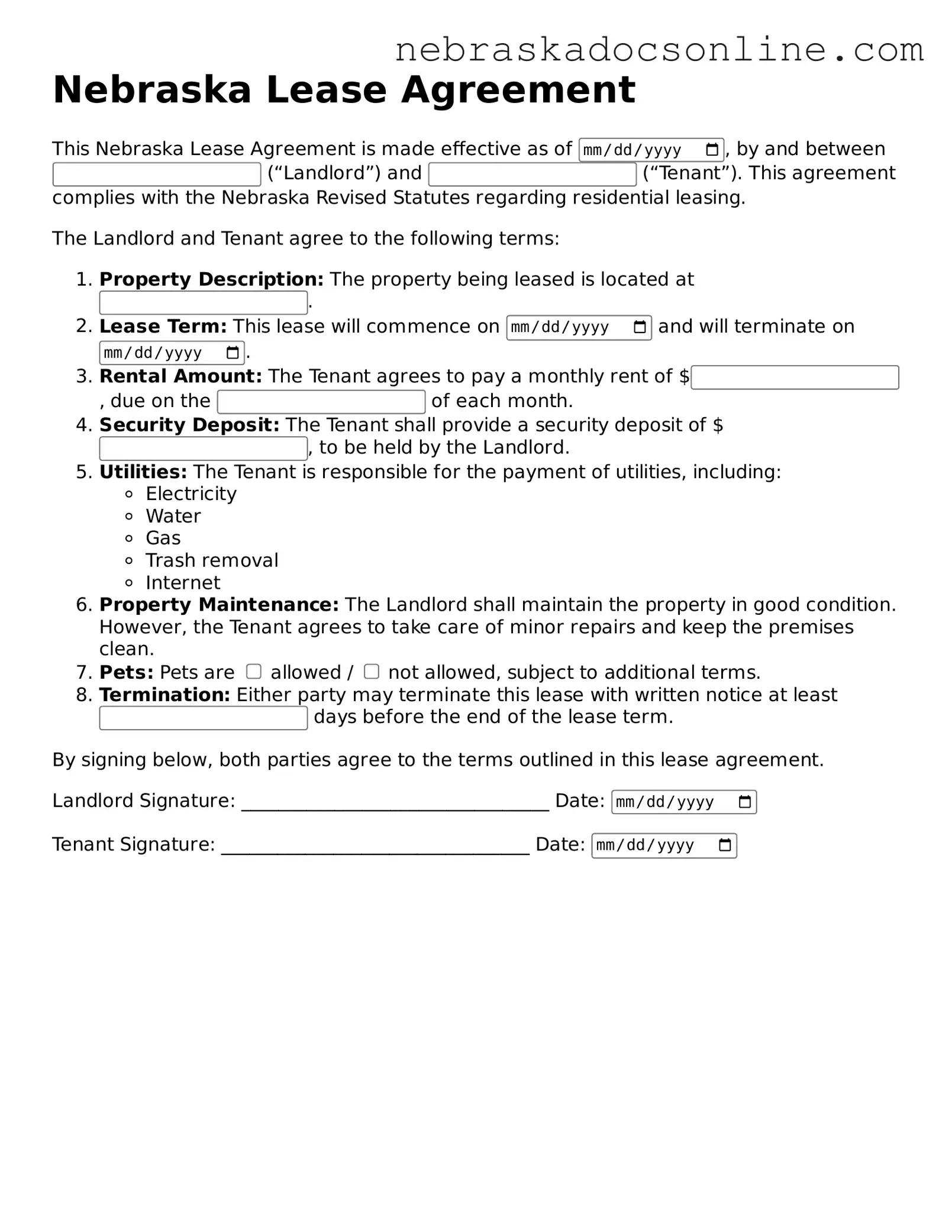 Fillable Lease Agreement Template for Nebraska State