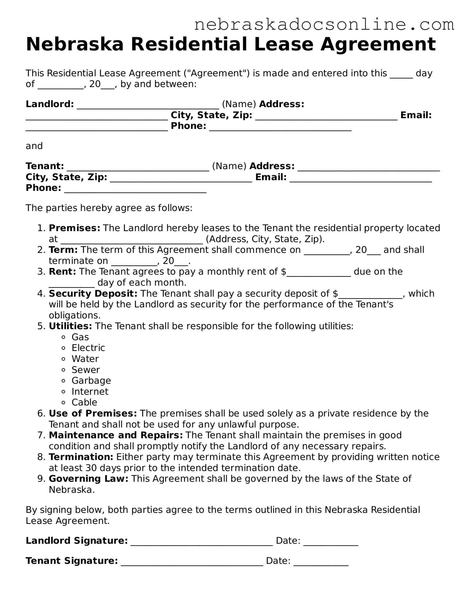 Fillable Residential Lease Agreement Template for Nebraska State