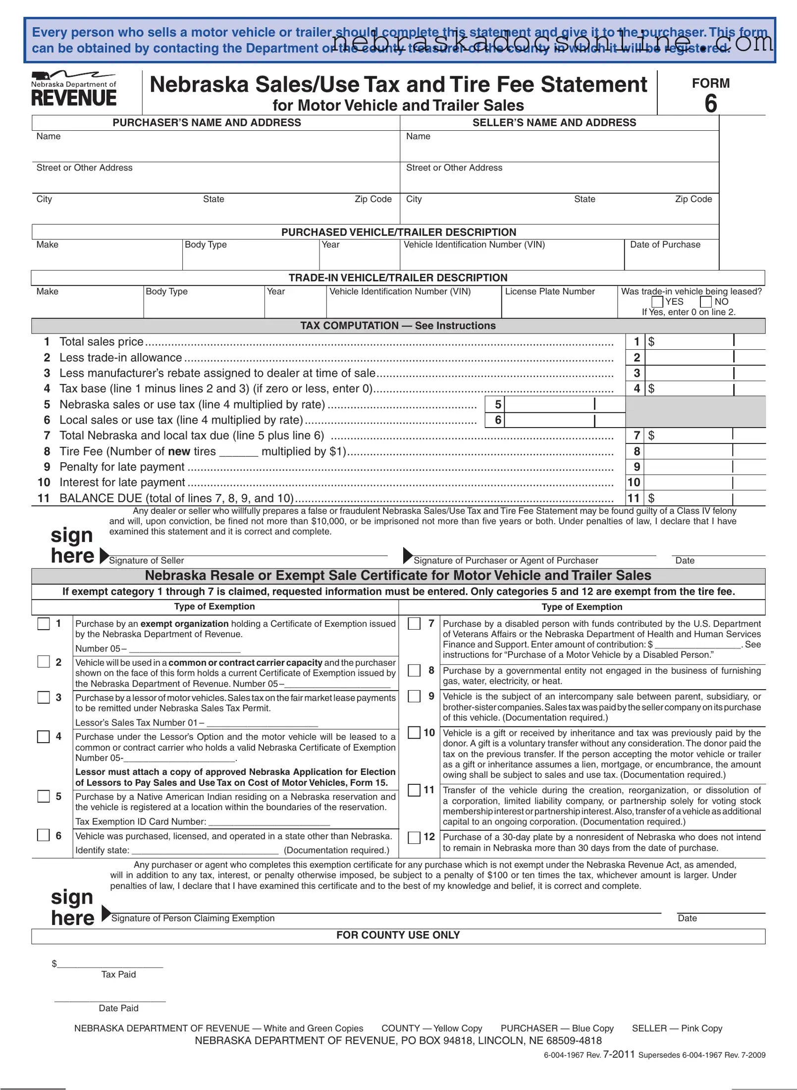Fill in a Valid Nebraska Sales Tax Statement Form