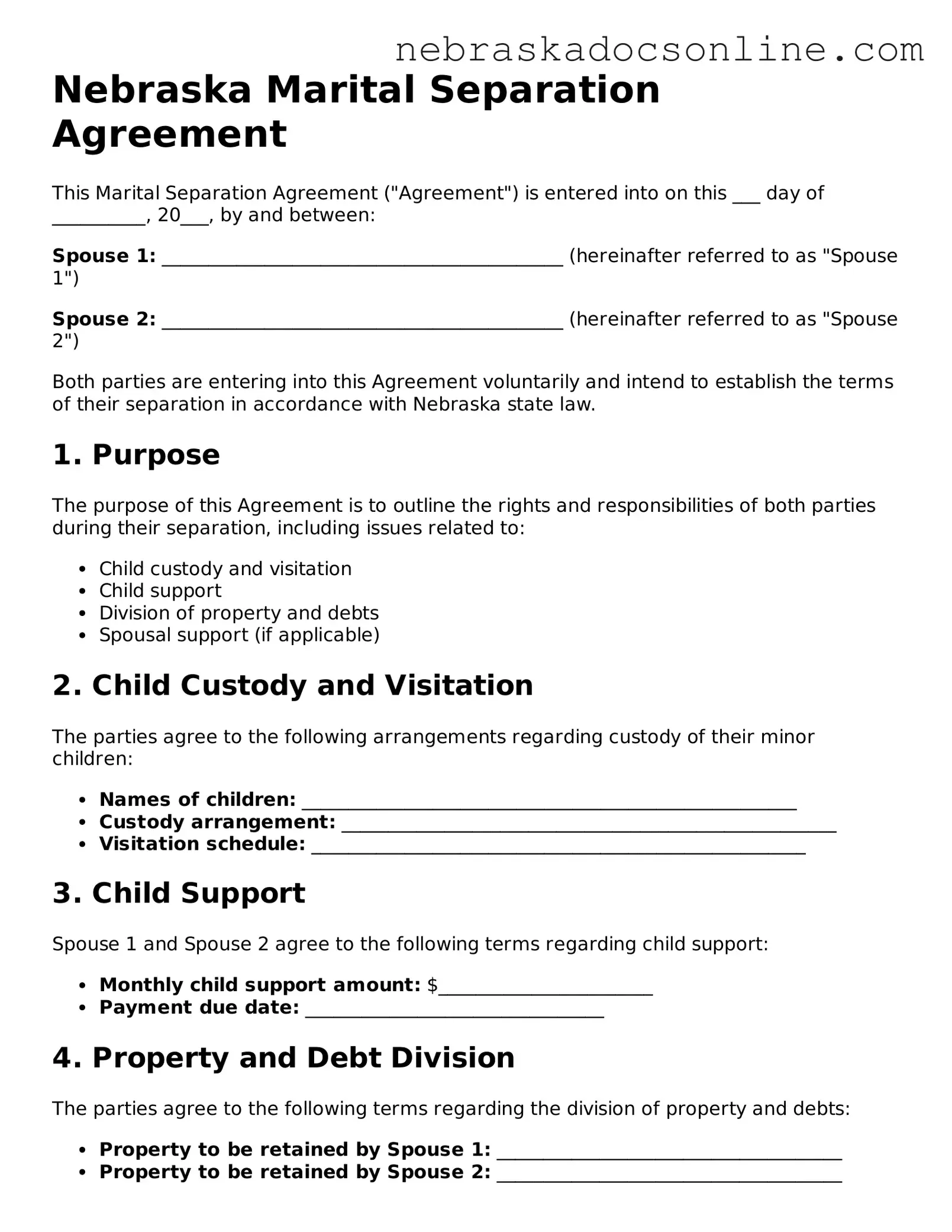 Fillable Marital Separation Agreement Template for Nebraska State