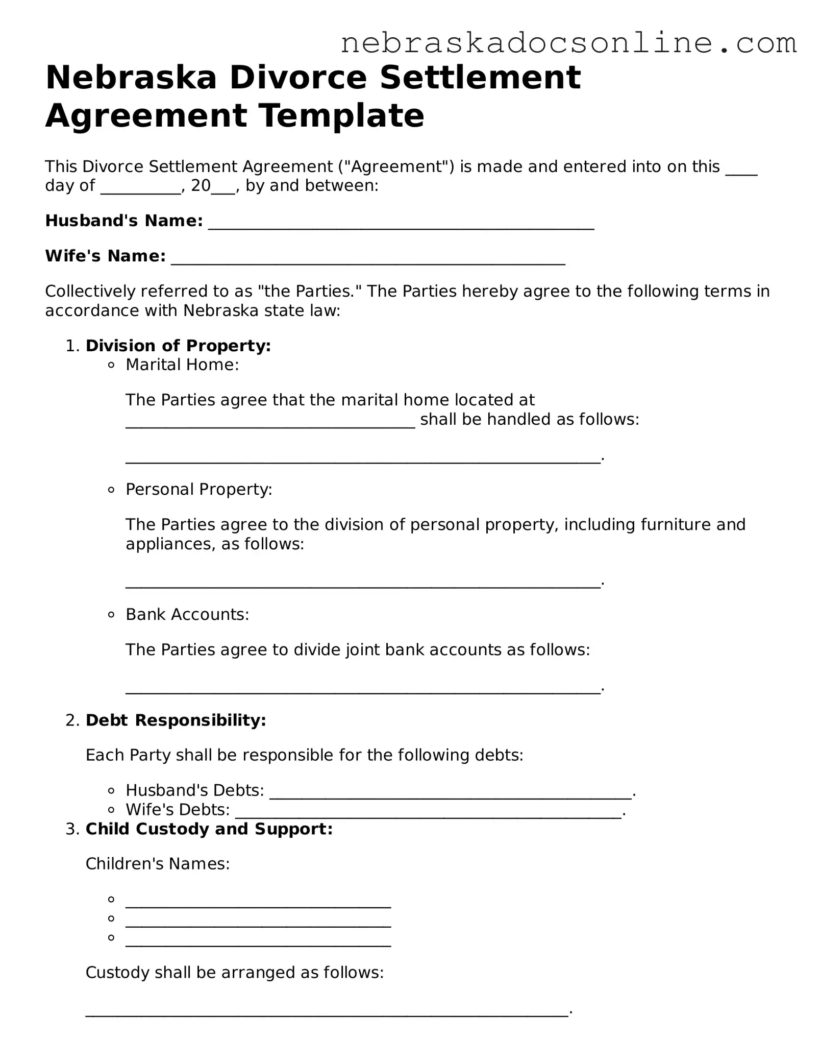 Fillable Divorce Settlement Agreement Template for Nebraska State