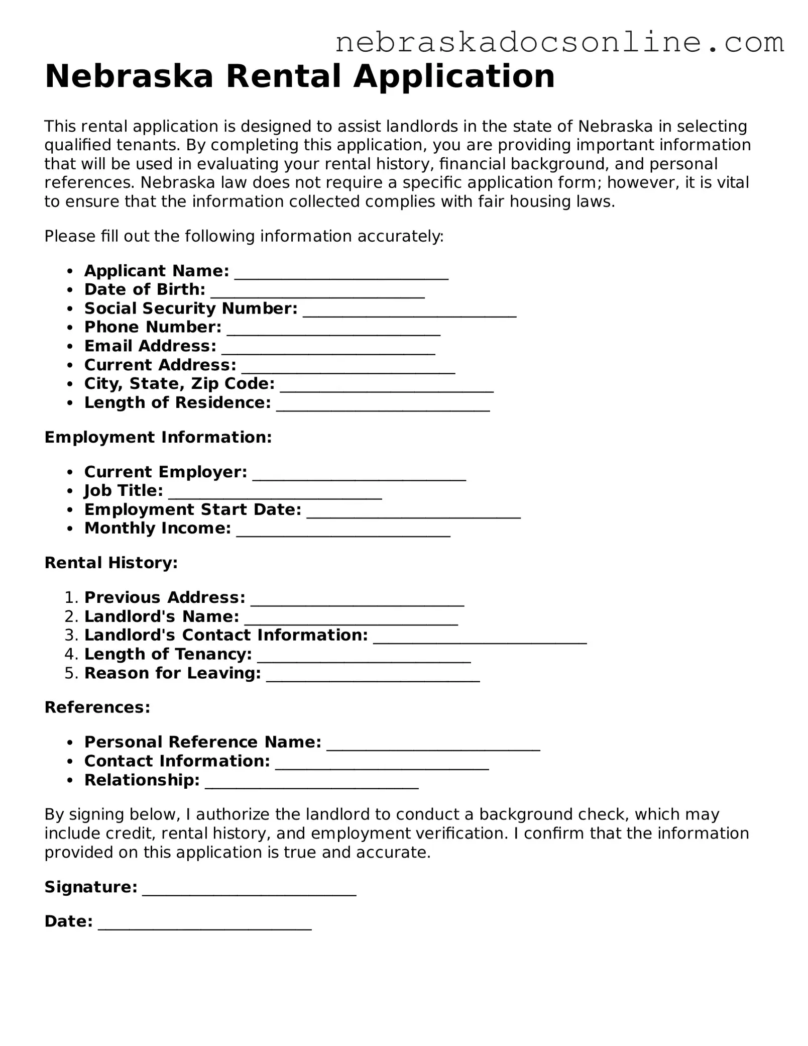 Fillable Rental Application Template for Nebraska State