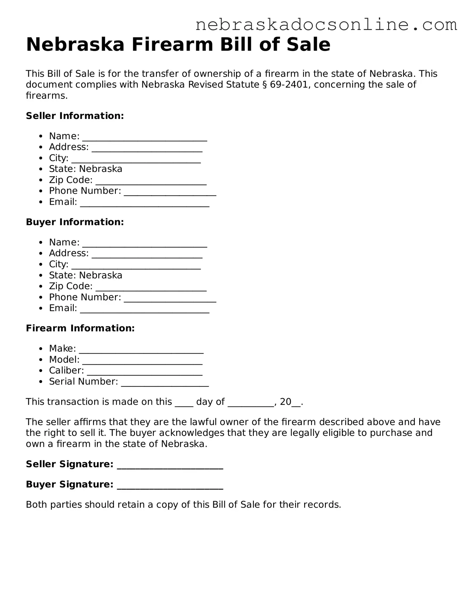 Fillable Firearm Bill of Sale Template for Nebraska State