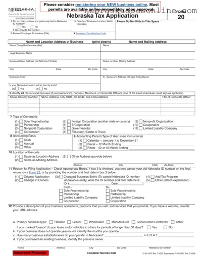 Fill in a Valid Nebraska 20 Form