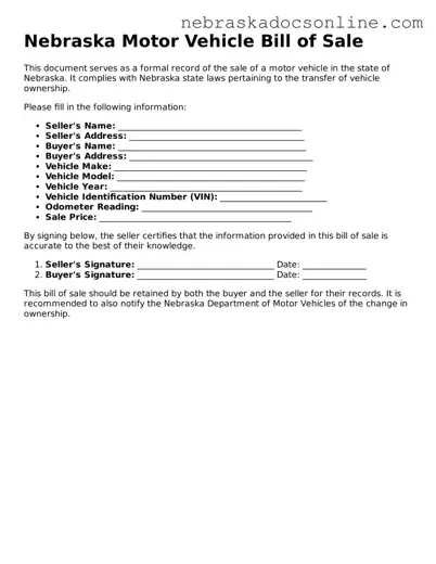 Fillable Motor Vehicle Bill of Sale Template for Nebraska State