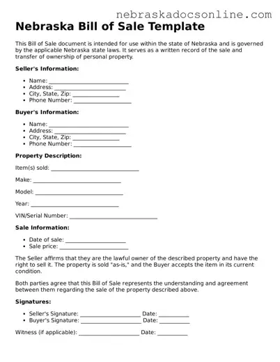 Fillable Bill of Sale Template for Nebraska State