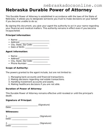 Fillable Durable Power of Attorney Template for Nebraska State