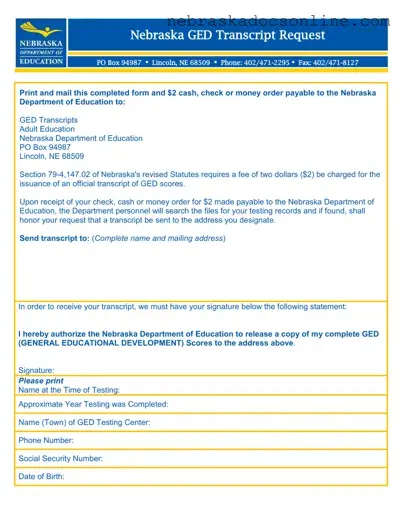 Fill in a Valid Nebraska Ged Transcript Request Form