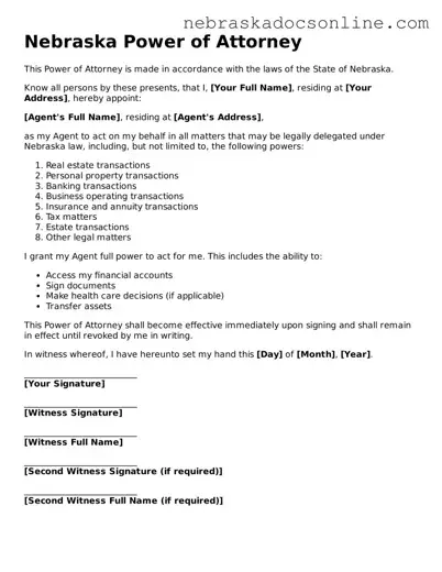Fillable Power of Attorney Template for Nebraska State