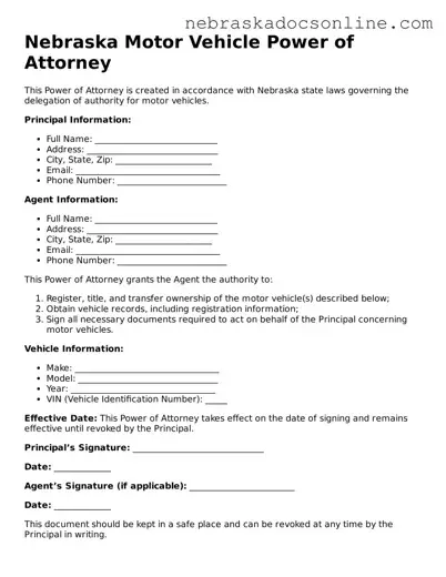 Fillable Motor Vehicle Power of Attorney Template for Nebraska State