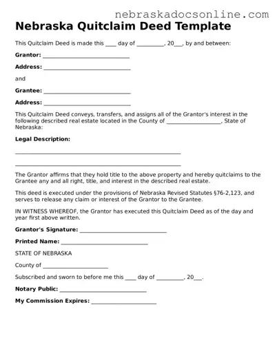 Fillable Quitclaim Deed Template for Nebraska State